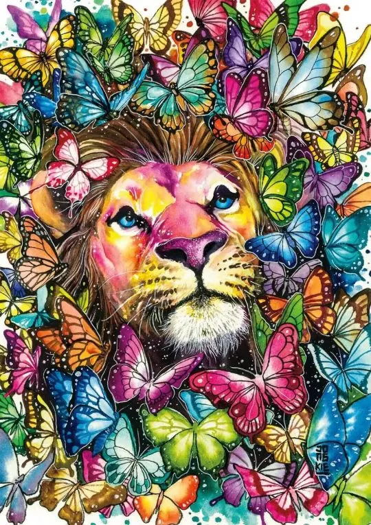 Een Leeuw Omringd Door Vlinders