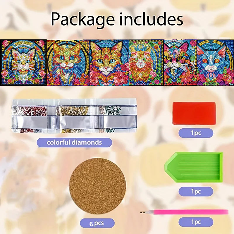 Diamond Painting Onderzetter | Schattig Katje (Set Van 6) | Zonder Beugel