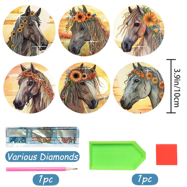 Diamond Painting Onderzetter | Paarden En Zonnebloemen (Set Van 6) | Zonder Beugel