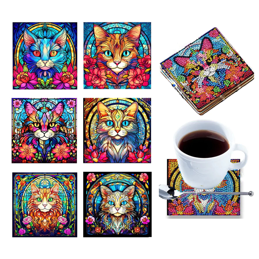 Diamond Painting Onderzetter | Schattig Katje (Set Van 6) | Zonder Beugel