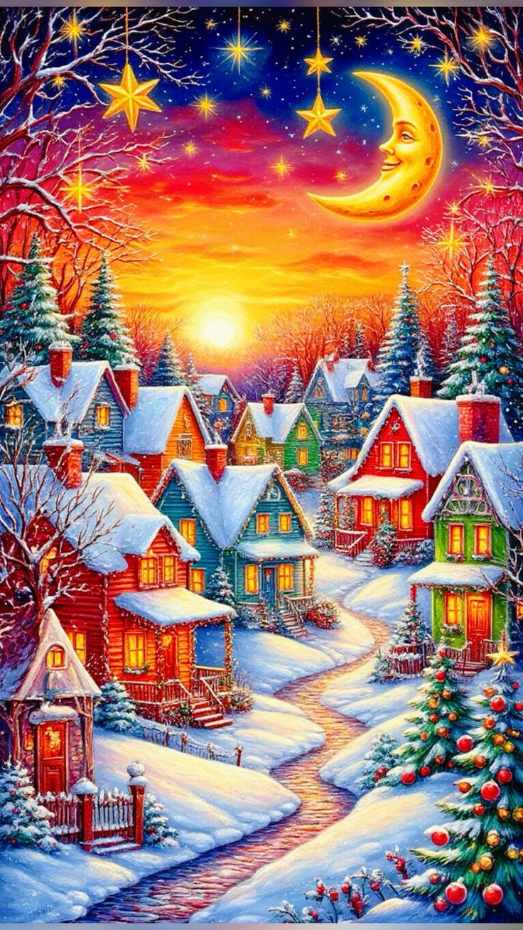 Kerstdorp bij maanlicht