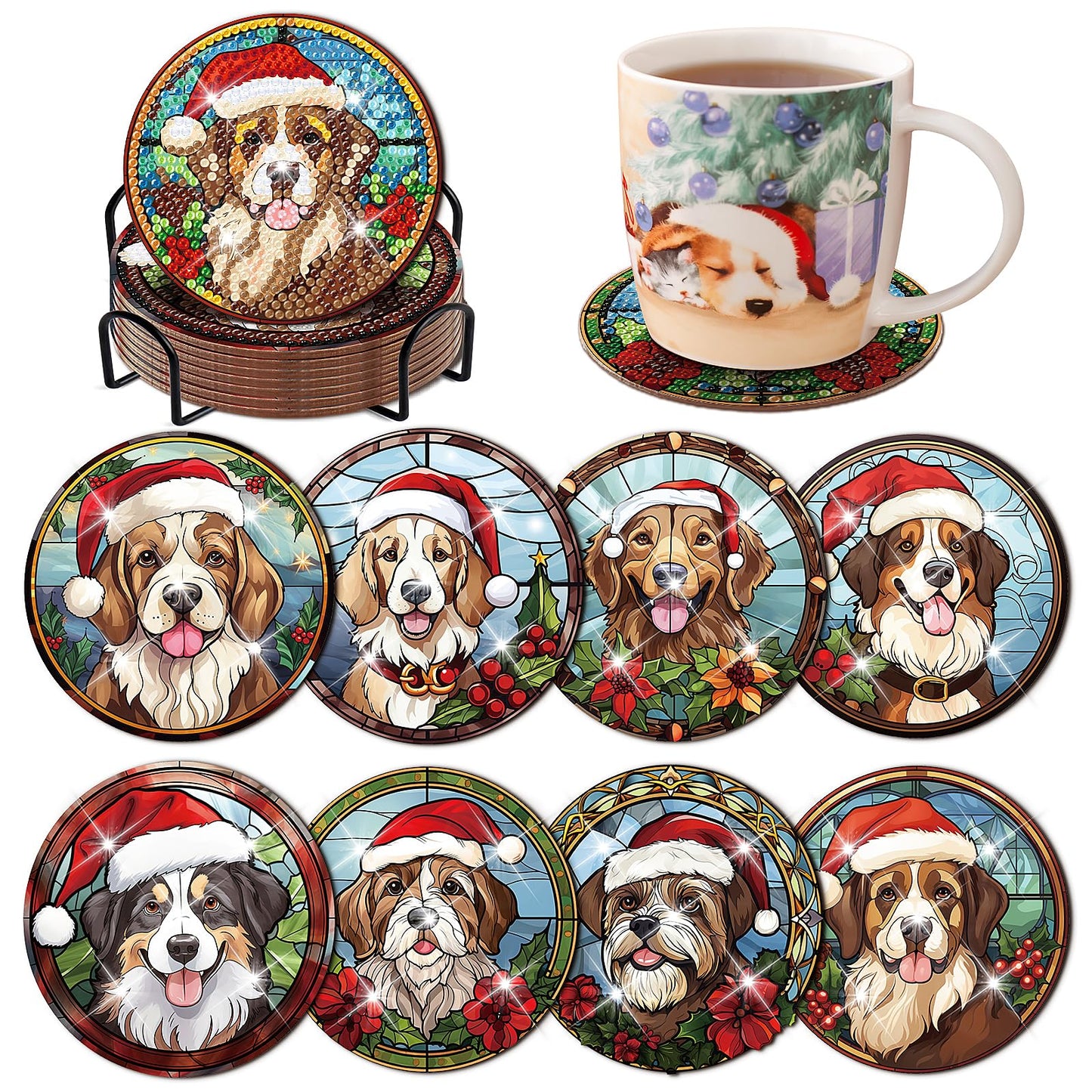 Diamond Painting Onderzetter | Kerst Honden (Set Van 8) | Zonder Beugel