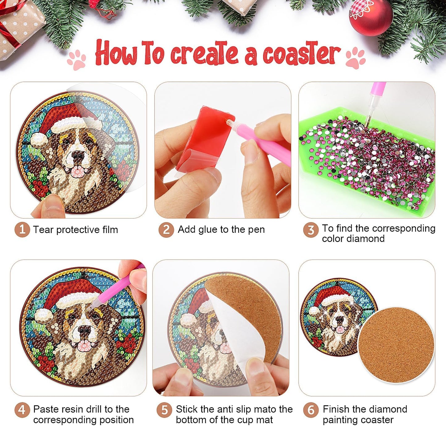 Diamond Painting Onderzetter | Kerst Honden (Set Van 8) | Zonder Beugel