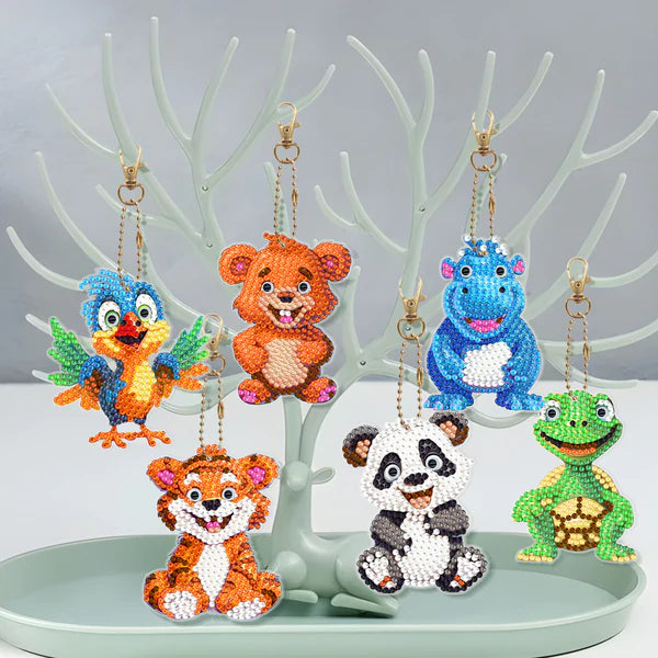 Diamond Painting Sleutelhanger Cartoon Dieren (Set Van 6)