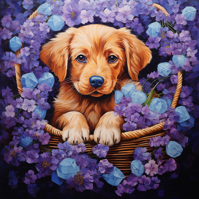 Puppy In Een Bloemenmand