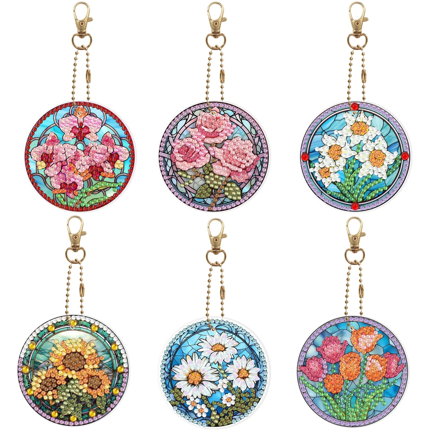 Diamond Painting Sleutelhanger Bloemen (Set Van 6)