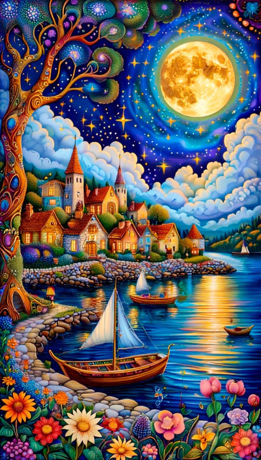 Kustdorp bij maanlicht