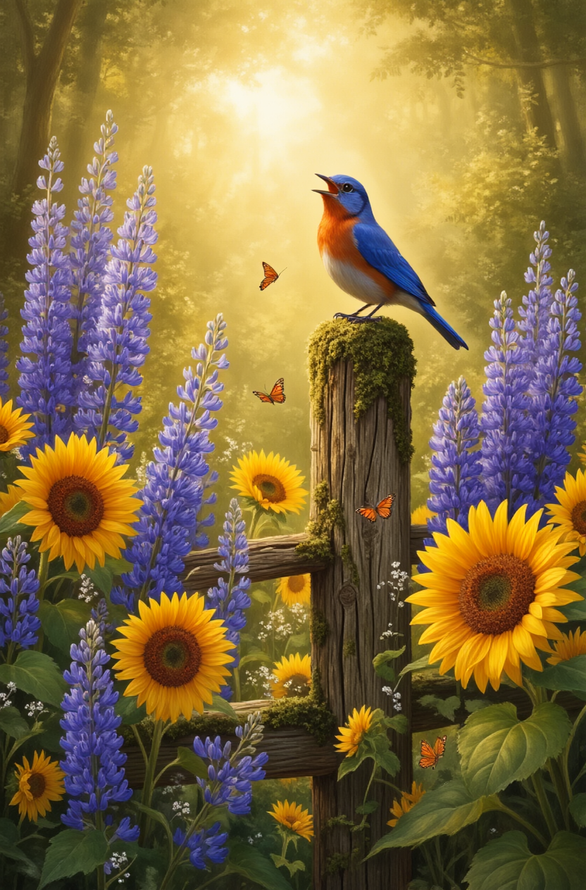 Vogels en zonnebloemen