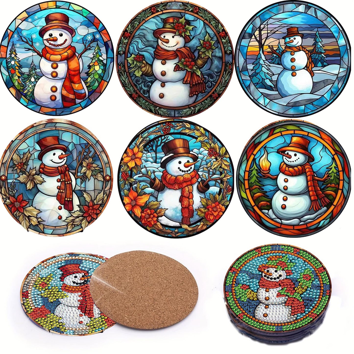 Diamond Painting Onderzetter | Kerst Sneeuwpop (Set Van 6) | Zonder Beugel