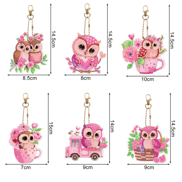 Diamond Painting Sleutelhanger Roze Uil (Set Van 6)